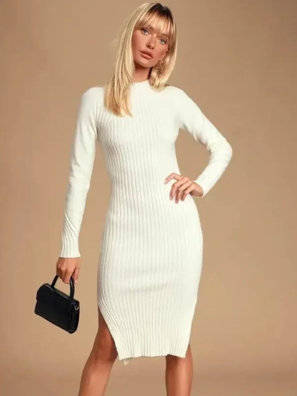 Lulu's Cream Ribbed Mock Neck Long Sleeve Knit Dress